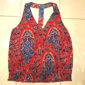 Lucky Brand red blue paisley print racerback tank with ruched bottom size small